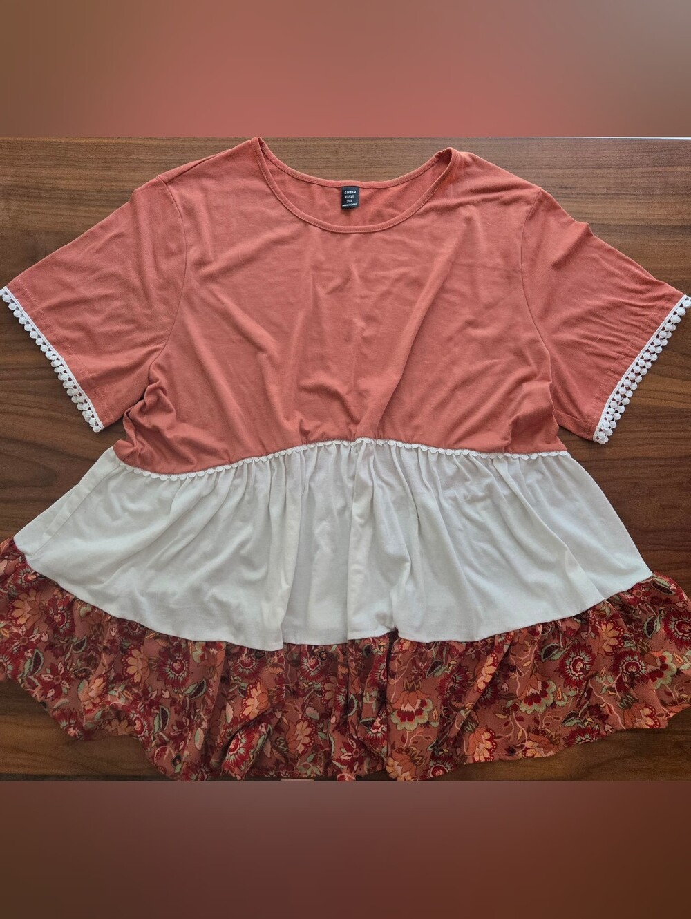 Boho Colorblock Tiered Babydoll Top Floral Lace Trim 2XL